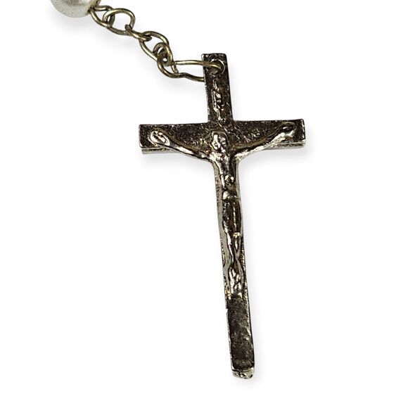 Catholic Rosary Bracelet Silver Tone with Faux Pearl Beads & Crucifix VINTAGE - Picture 3 of 9